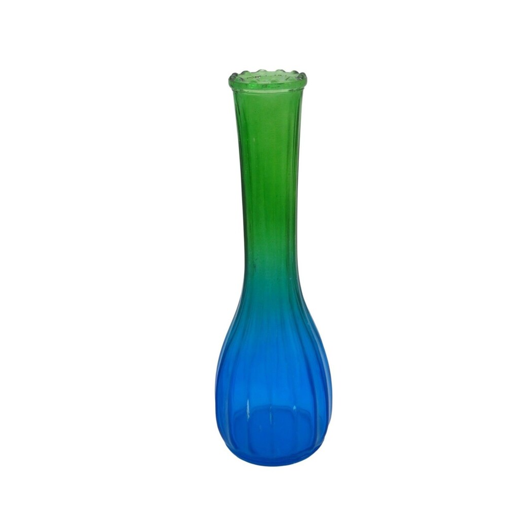 Vintage Jeannette Glass Bud Vase Blue Green Ombre Ribbed MCM Fluted 8.5”